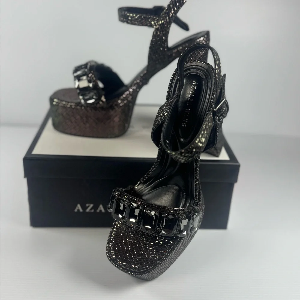 Azalea Wang Kamilla Platform Heels Black Crystal Chunky Heel Size 6-9 NIB